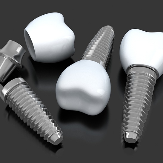 Three animated dental implant supported replacement teeth